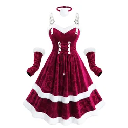 ROSEGAL Plus Size Christmas Dress Red Floral Velvet Embossed Contrast Fur Trim Lace Up Layered Dress With Arm Sleeves And Collar