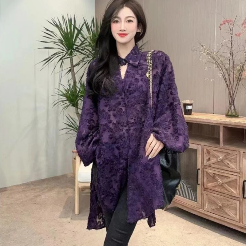Vintage Harajuku Oversized Asymmetrical Button Up Shirt Women Clothes Sexy Mesh Sheer Blouse Long-sleeved Lapel Top Trend Shirts