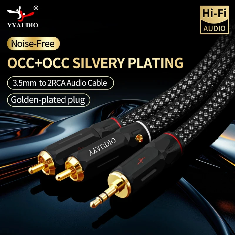 YYAUDIO HiFi 3.5mm to 2RCA Audio Cable, Silver-Plated OCC Single Crystal Copper, Shielded Wire for Mobile, PC, TV Box, Amplifier