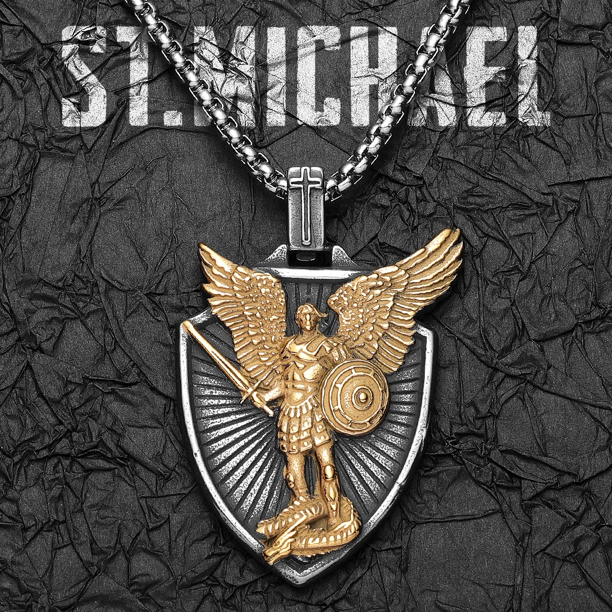 

Archangel St.Michael Shield Amulet Exorcism Stainless Steel Men Necklaces Pendant Chain Punk For Women Fashion Jewelry Gifts