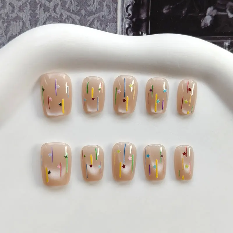 10Pcs Colorful Starlight Short Stair Cat Eye Press on Nails with Fine Sparkle Lines Clear Simple Gilded Gemstone Fake Nail Patch
