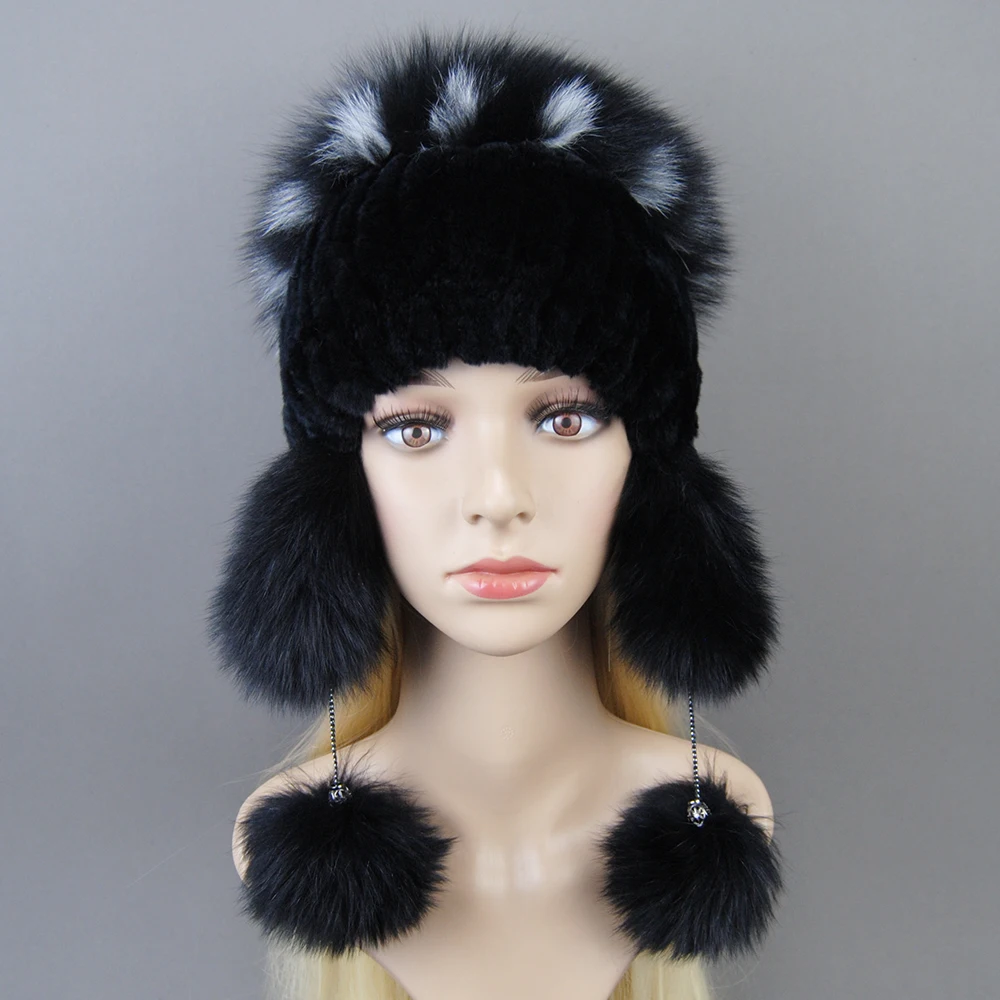 Elastic Knitted Rex Rabbit Fur Beanies Handmade Real Fur Hat with Fox Fur Ears Genuine Fur Snow Cap Bonnets for Women Designer