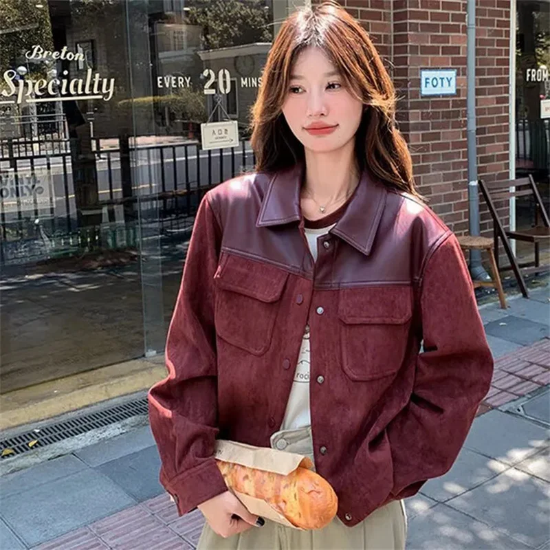 Splicing Leather Jacket Top Women PU Leather Coat 2025 Autumn New Female Imitation Deer Skin Patchwork Leather Jackets