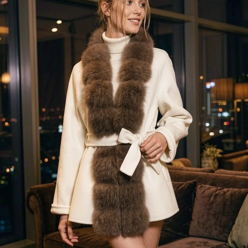 JANEFUR Women Woolen Coat Winter Real Fox Fur Front Placket Trim Belted Ladies Warm Wool Blend Open Front Jacket Outerwear