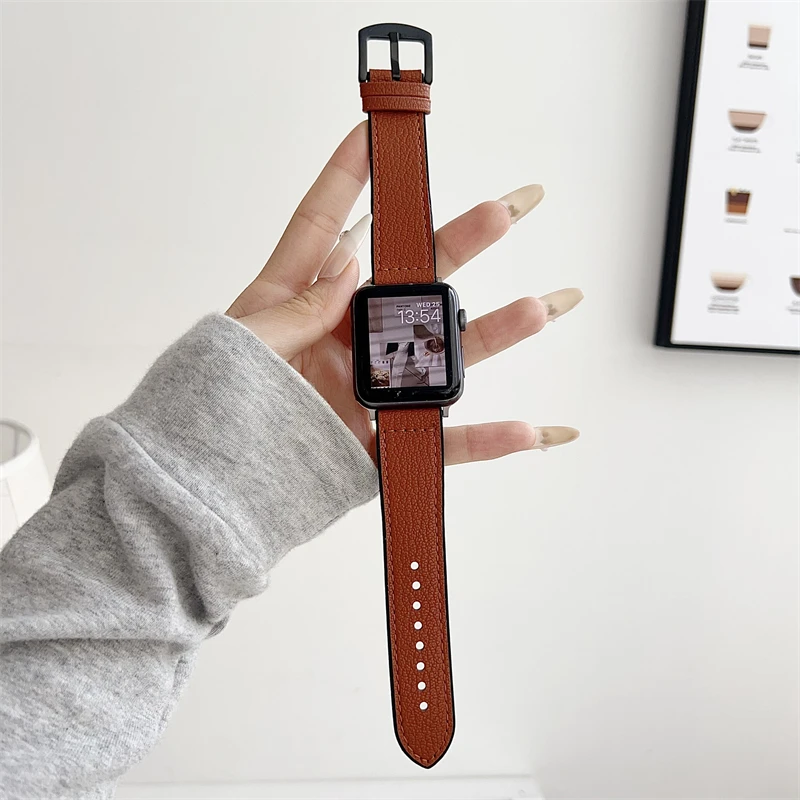 Luxury Goat Leather For Apple Watch 49MM 46 45 44MM 42 41 40 38MM Autumn Stylish Lychee Pattern For Iwatch Series 10 9 8 7 6 5