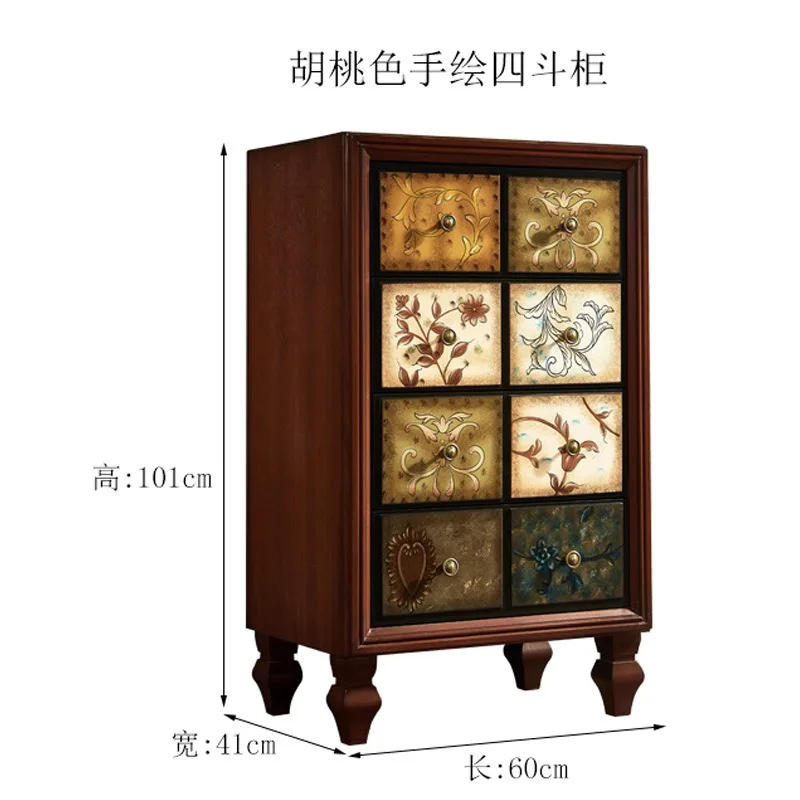 American furniture four-chest cabinet solid wood drawer storage cabinet living room storage side cabinet retro painting