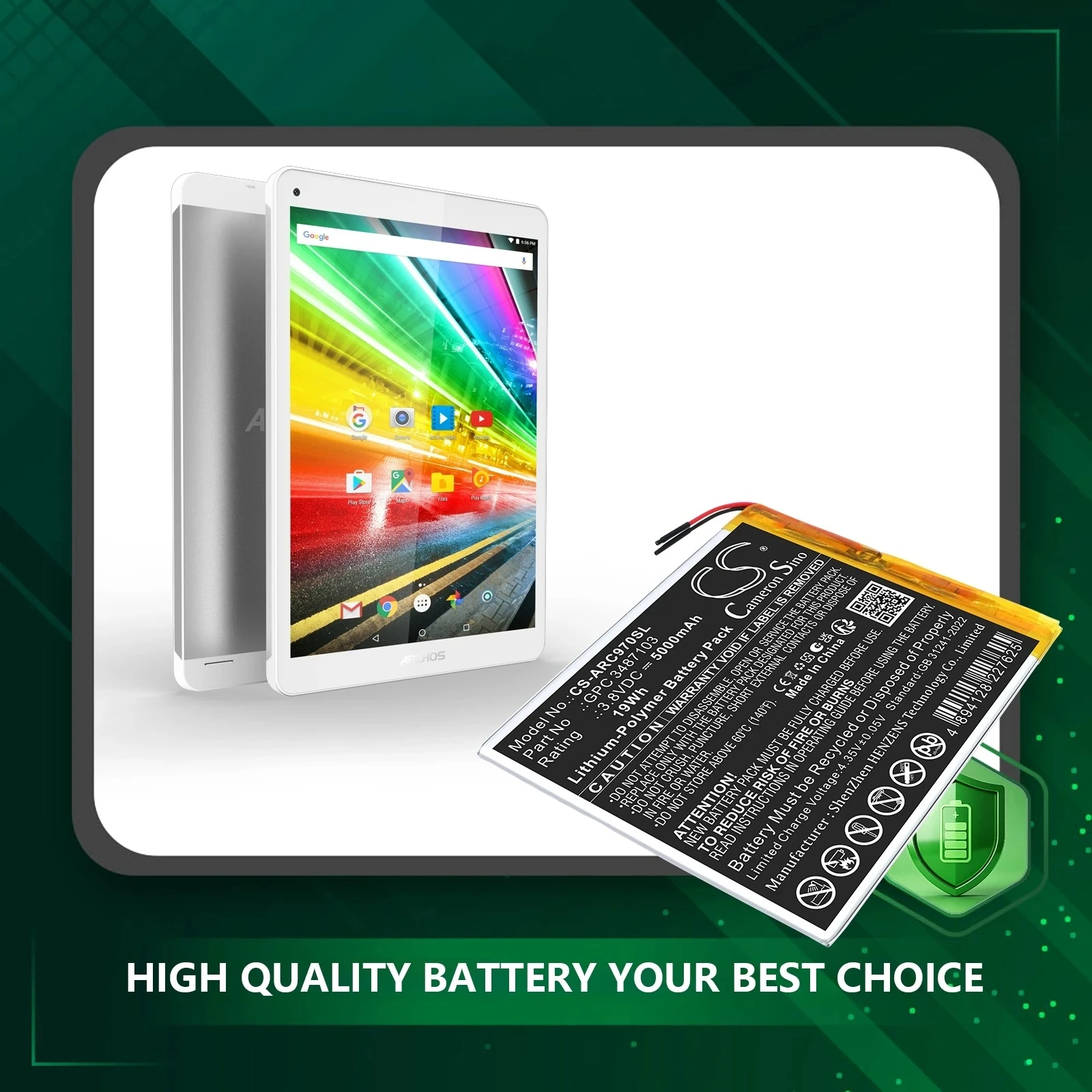 Cameron Sino 3.8V 5000mAh Replacement Tablet Battery GPC 3487103 for Archos AC97CPL 97C Platinum