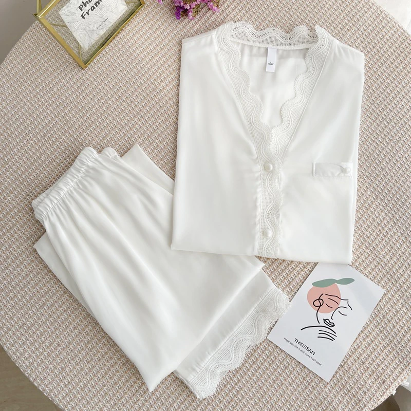 White Lace Trim Pajamas Set Female Short Sleeve Pants Trouser Pijamas Suit Spring Summer Sleepwear Casual Silk Satin Home Wear