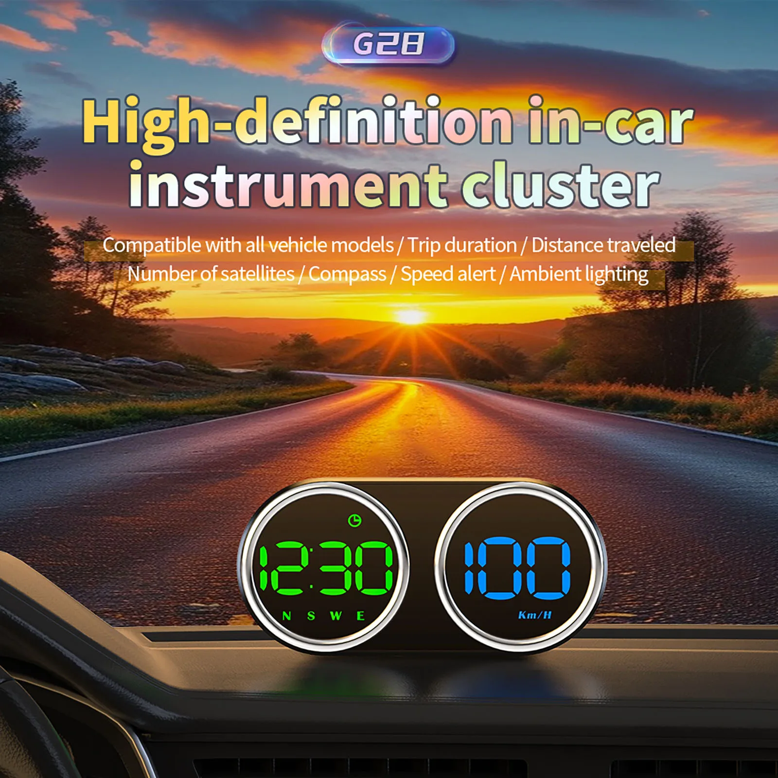 G28 Car HUD Head-Up Display GPS Speedometer with Compass & Overspeed Warning, Multi-Color LED for All Vehicles Electric Cars Tru