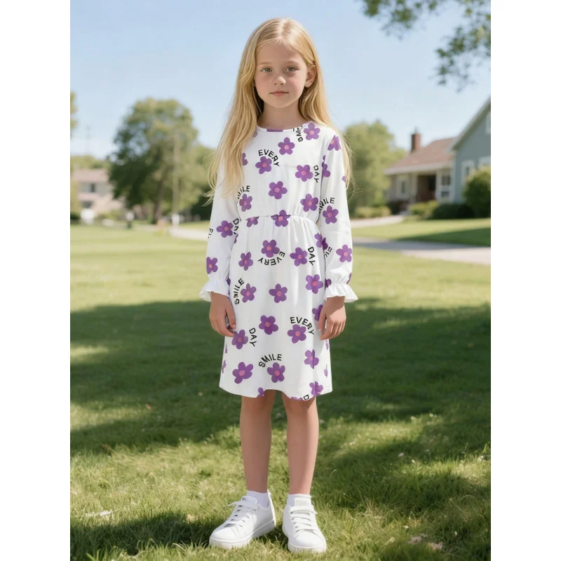 

2026 Girls Spring and Autumn Purple Flower Letter Print Dress Children's Sweet Long Sleeve Ruffled Princess Dress