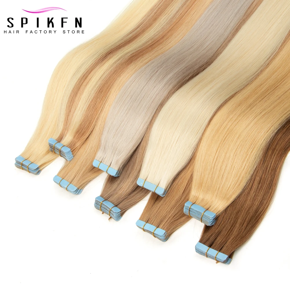 SPIKFN Tape in Human Hair Extensions 12-24 inches Natural Straight PU Skin Weft Hair Tape Hair Pieces 20pcs Black Brown Blonde