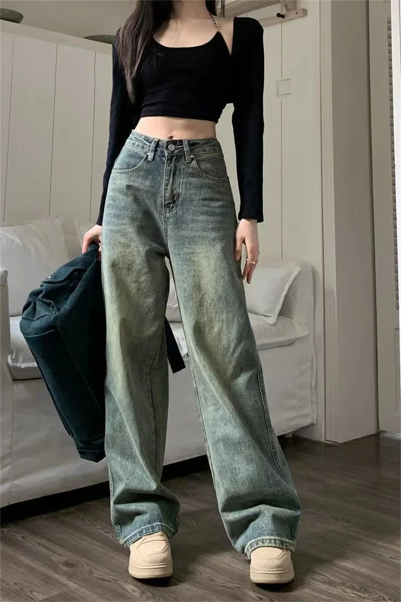 

2023 New Retro Style Extended Wide Leg Jeans Women Spring Autumn Wash High Waist Straight Tube Loose Slim Sweeping Floor Pants