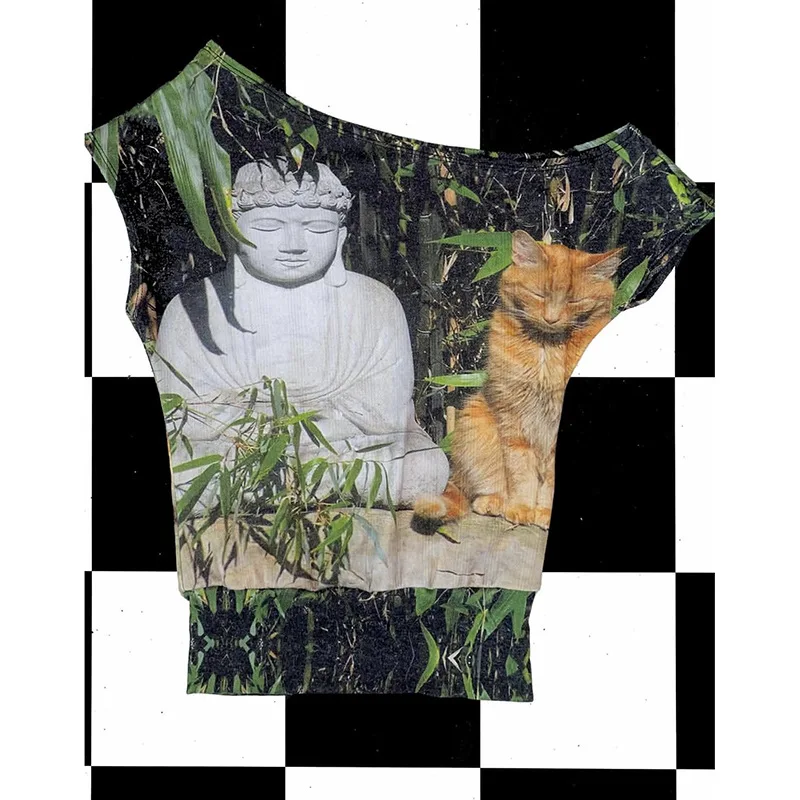 Y2K Retro T Shirt Bamboo Orange Cat Print Cross Shoulder Off Shoulder Short Sleeve Sexy for American and European Music Festival