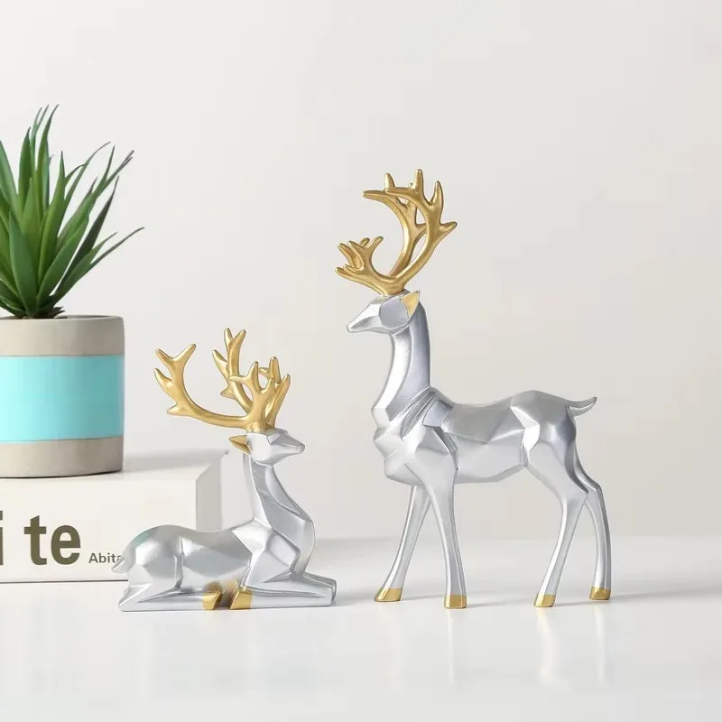 2 Stücke Harz Geometrische Elch Skulptur Stehende Gold Hirsch Statuen Festival Rentier Wohnkultur Wohnzimmer TV Schrank Ornamente