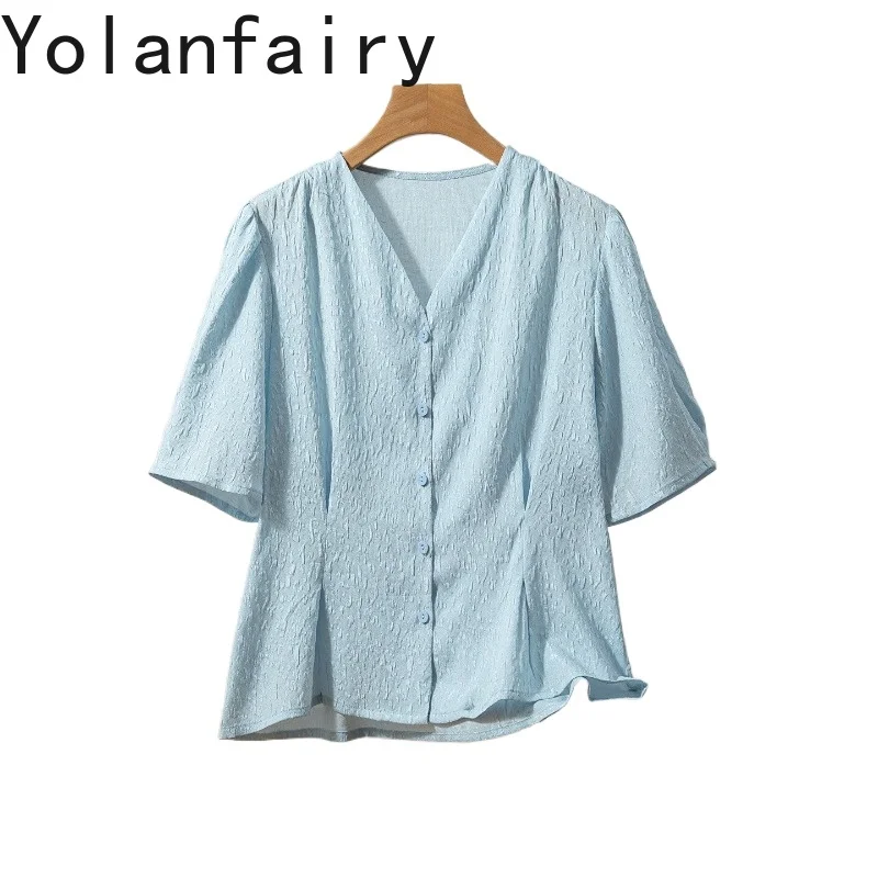 

YOLANFAIRY 93% Real Mulberry Silk Shirts for Women Summer 2026 Elegant Blouse Woman V-neck Short Sleeve Shirt Tops Puff Sleeves