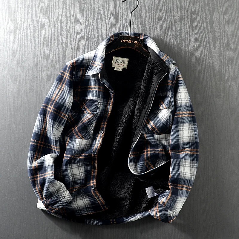 

Thiened Lamb Velvet Men's Plaid Long Sve irt Autumn Winter Warm Outdoor Slim Fit irt Jaet Stand Edition