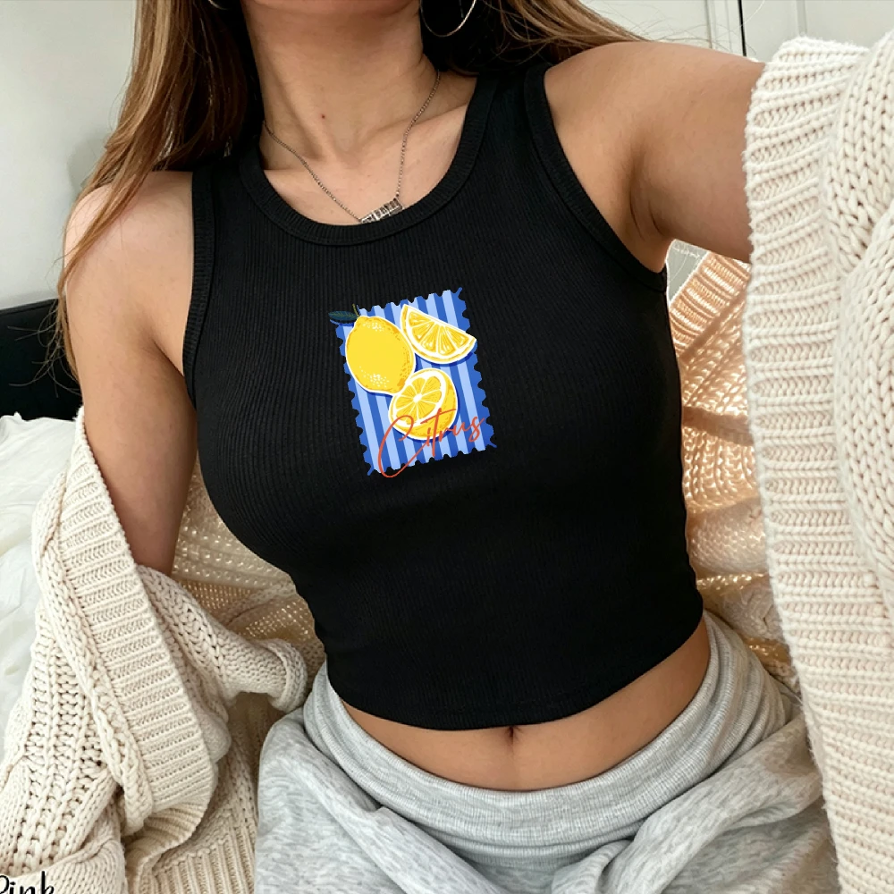 Blue Striped Background Citrus Lemon Slice Print Crop Camisole Indie Y2k Top Bodycon Ribbed Tank Top Female Sleeveless Cropped