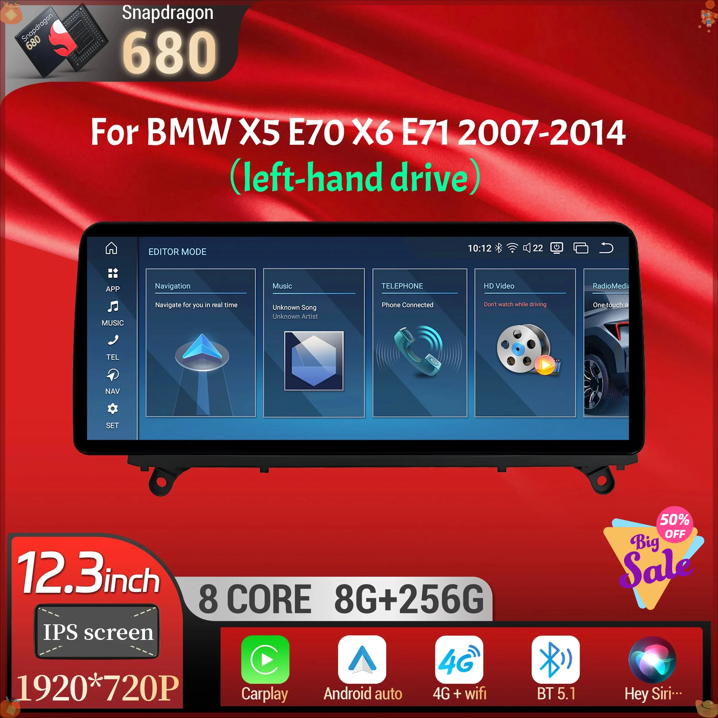 12.3 inch For BMW X5 E70 X6 E71 2007-2014 Left Hand Drive Android 14 Car Radio Wireless BT Carplay Snapdragon 680 Touch Screen