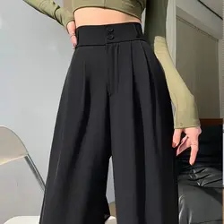 Pantalones de pierna ancha grises para mujer, cintura alta y figura en forma de pera Pantalones de traje informales de tubo recto de talla grande