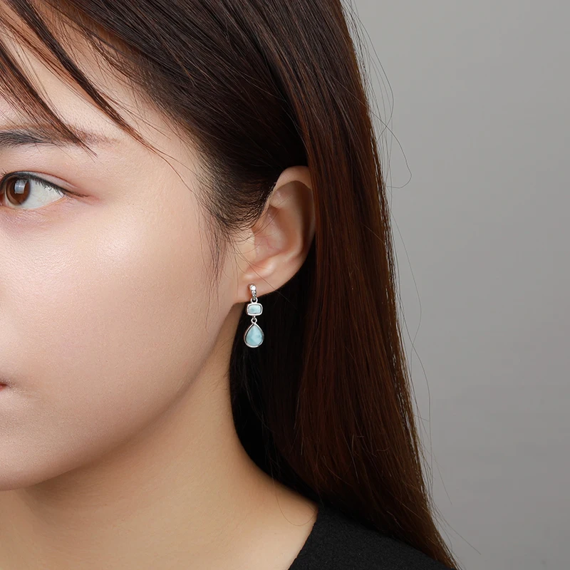 Immagine 7: Nuova geometria di moda aerodinamica lunga gioielli in argento sterling 925 ragazza naturale preziosa orecchini Larimar da donna
