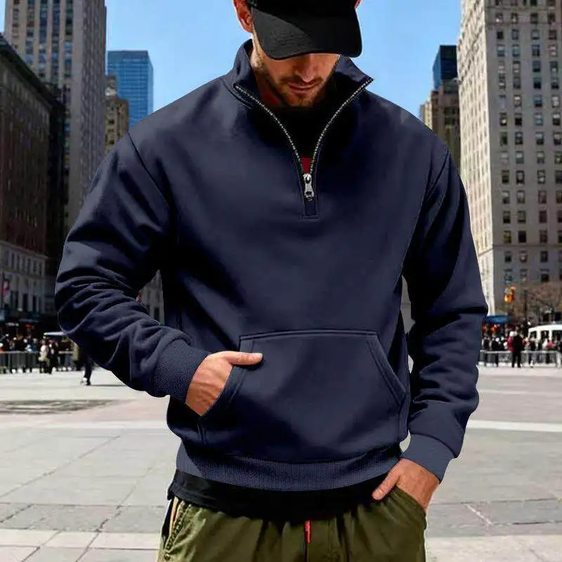 

Утепленная мужская толстовка с длинным рукавом, классическая, универсальная, разноцветная, с воротником-стойкой, на молнии, с флисовой подкладкой