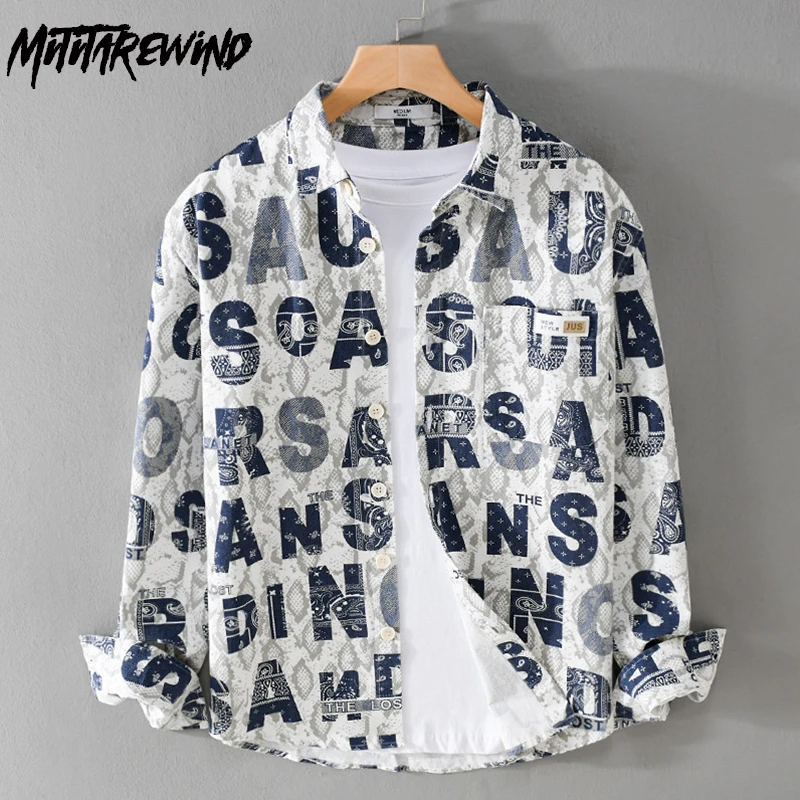 

American Style Male Shirt Spring High Street New Long Sleeve Tops Pure Cotton Fashion Letters Printed Shirt Personality Youth