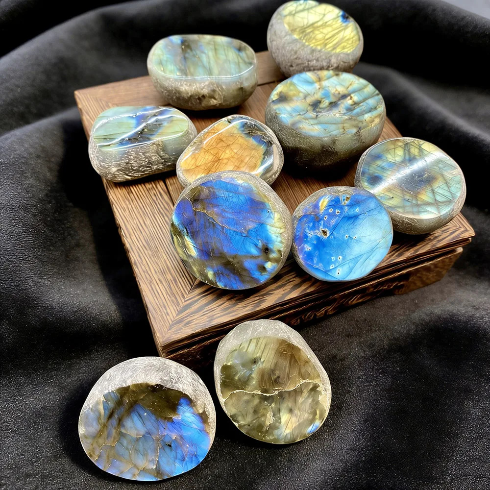 Natural Labradorite Ema Egg Palm Stone Semi-Polished Flashy Iridescent Crystal Healing Energy Home