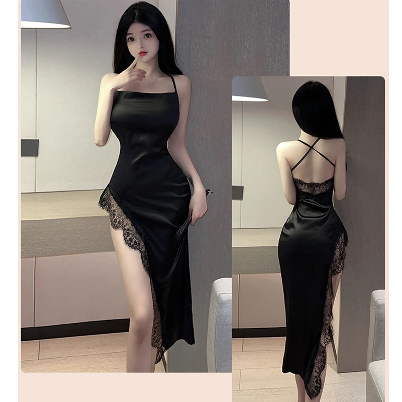 Top Fashion Sexy Spaghetti Strap Sleeping Dress Split Ball Dress Backless Lace Night Dress Women Nightgown Lingerie Nightdress