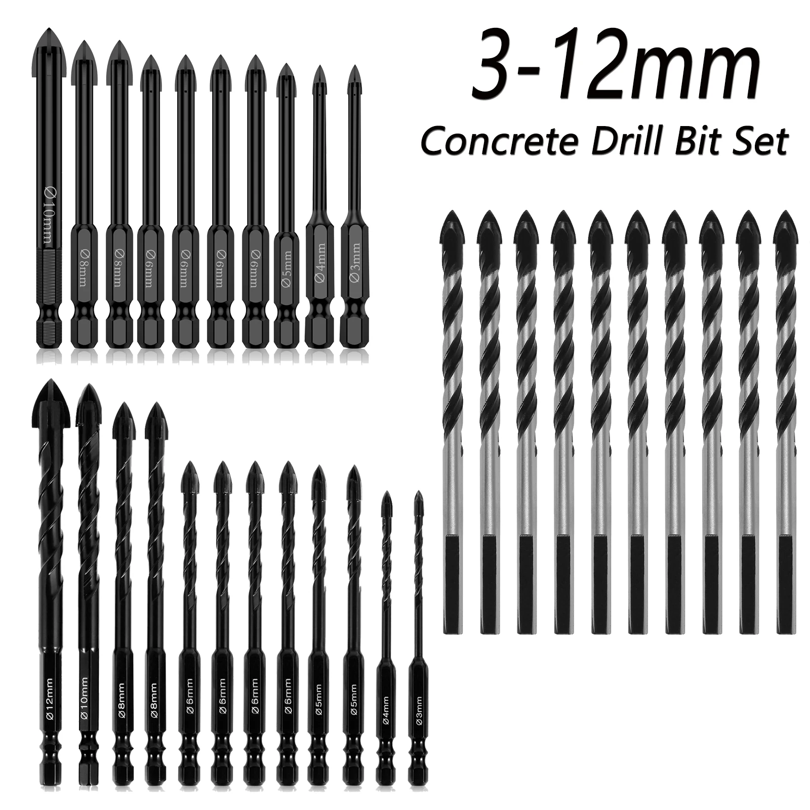 10/20pcs Concrete Drill Bit Set 3/4/5/6/8/10/12mm Masonry Cement Drill Bit Industrial Strength Carbide Cross Drill Bit Tip