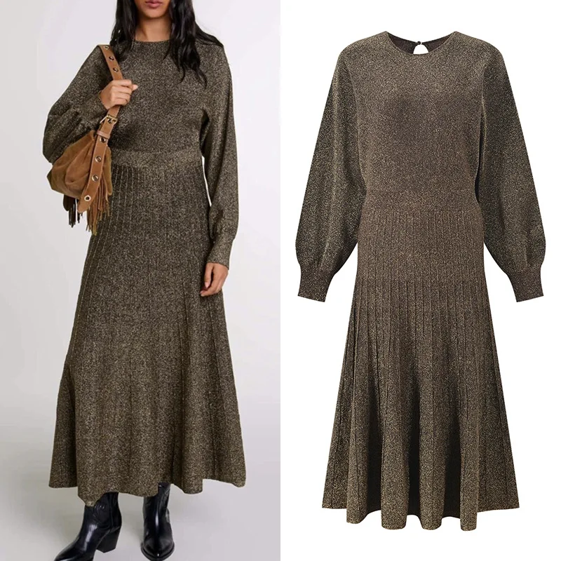 

Элитное трикотажное платье с длинными рукавами-фонариками и круглым вырезом, украшенное блестящими пайетками, для женщин