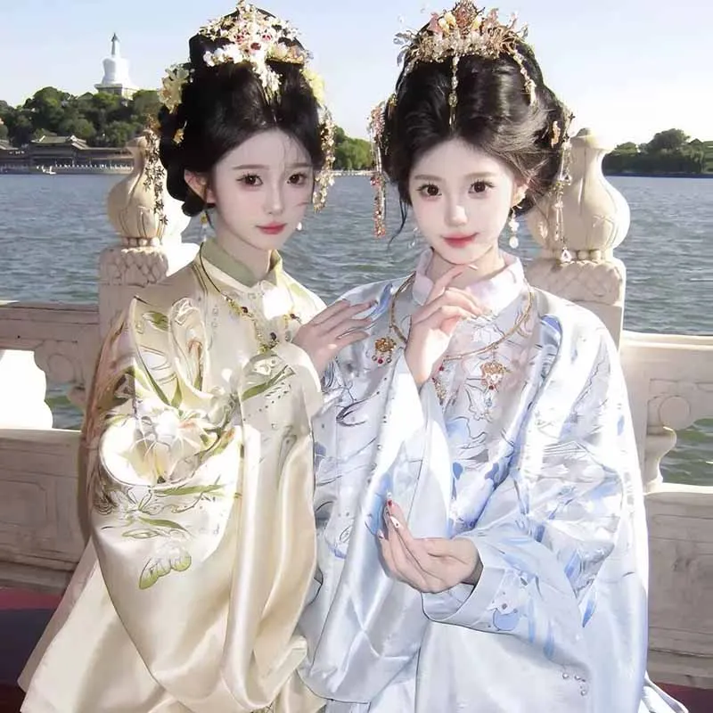 Chinese Hanfu Women's Ming-Style Cross-Collared Blue Long Gown with Brocade Horse Face Skirt Set Stage Cosplay Costume For Women
