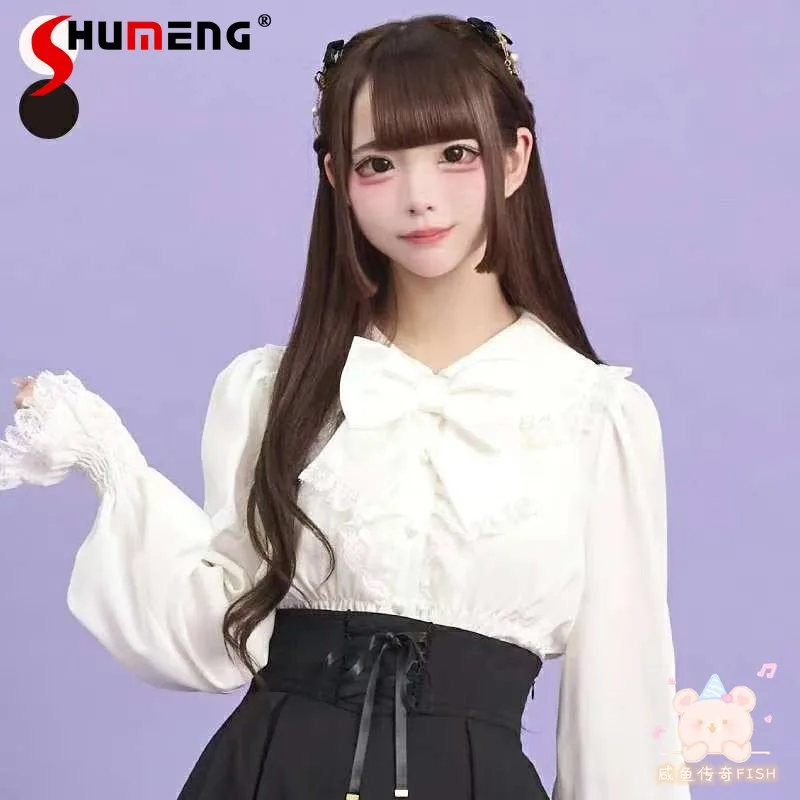 

Japanese Mines Style Sweet Retro Lolita Blouse Lace Spliced Doll Collar Bowknot Flare Sleeve Elastic Slim Fit Shirts Tops Women