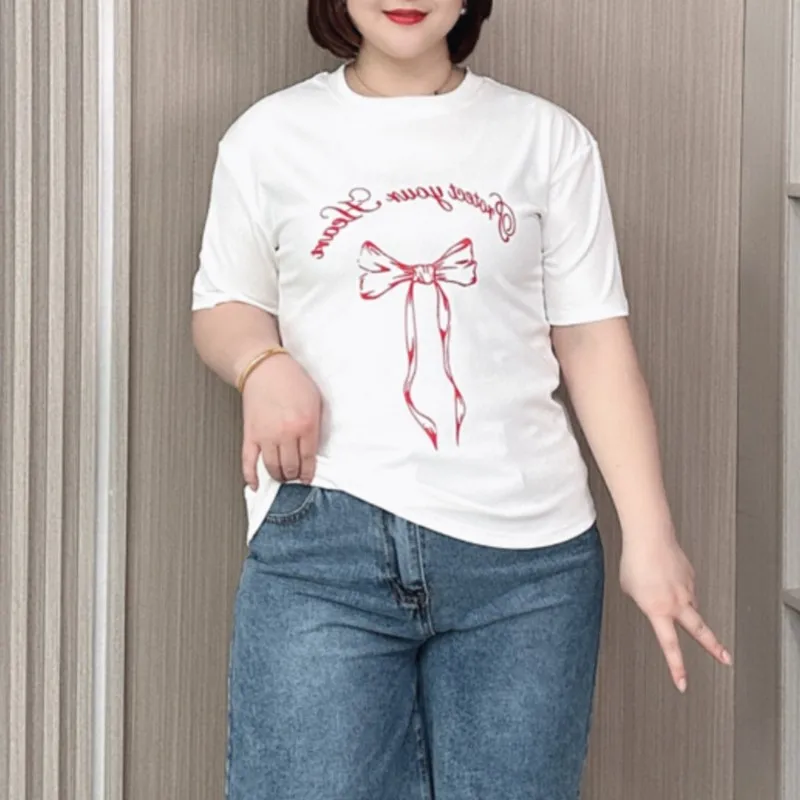 

Bow Print Casual Cotton Top Women Summer 2024 New Plus Size Loose Short Sleeve T-shirt