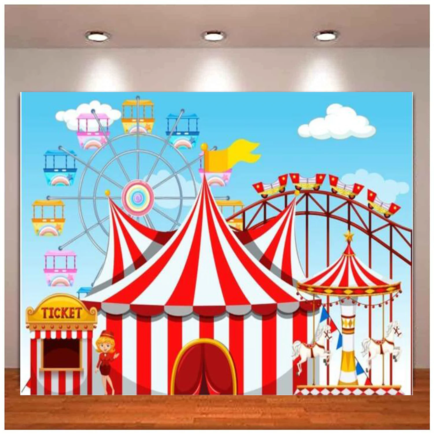 

Circus Tent Photography Backdrop Ferris Wheel Carousel Roller Coaster Amusement Park Background Birthday Party Baby Shower