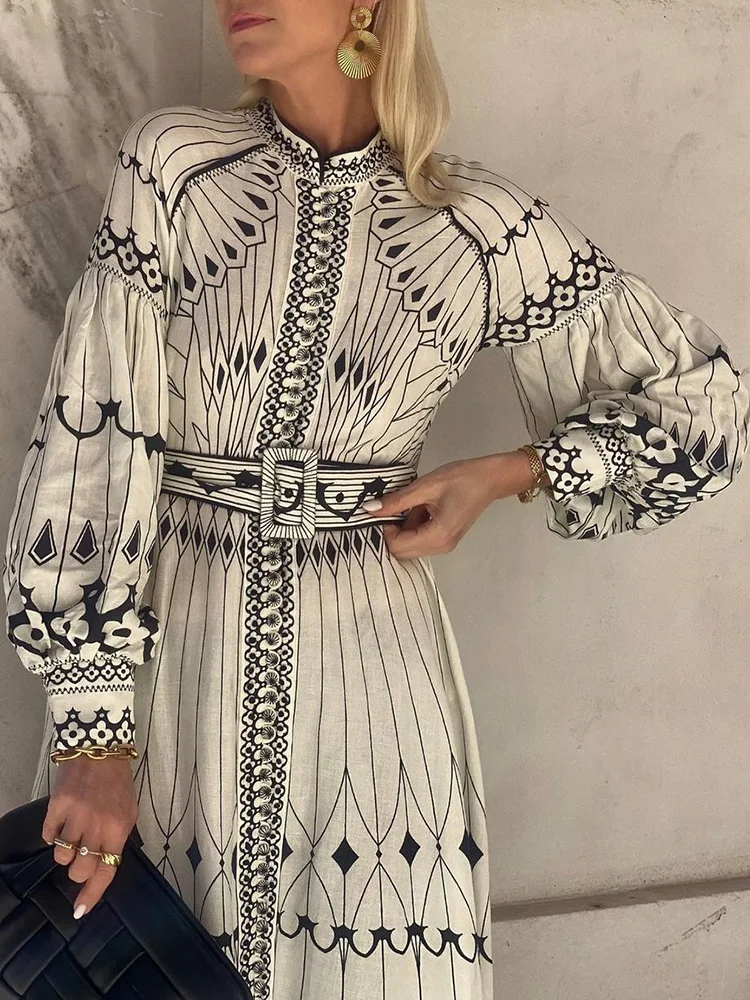 

Printing Patchwork Loungewear Maxi Dress, Women Spring Summer Stand Collar Loose Party Dress, Long Lantern Sleeve Ladies Dress