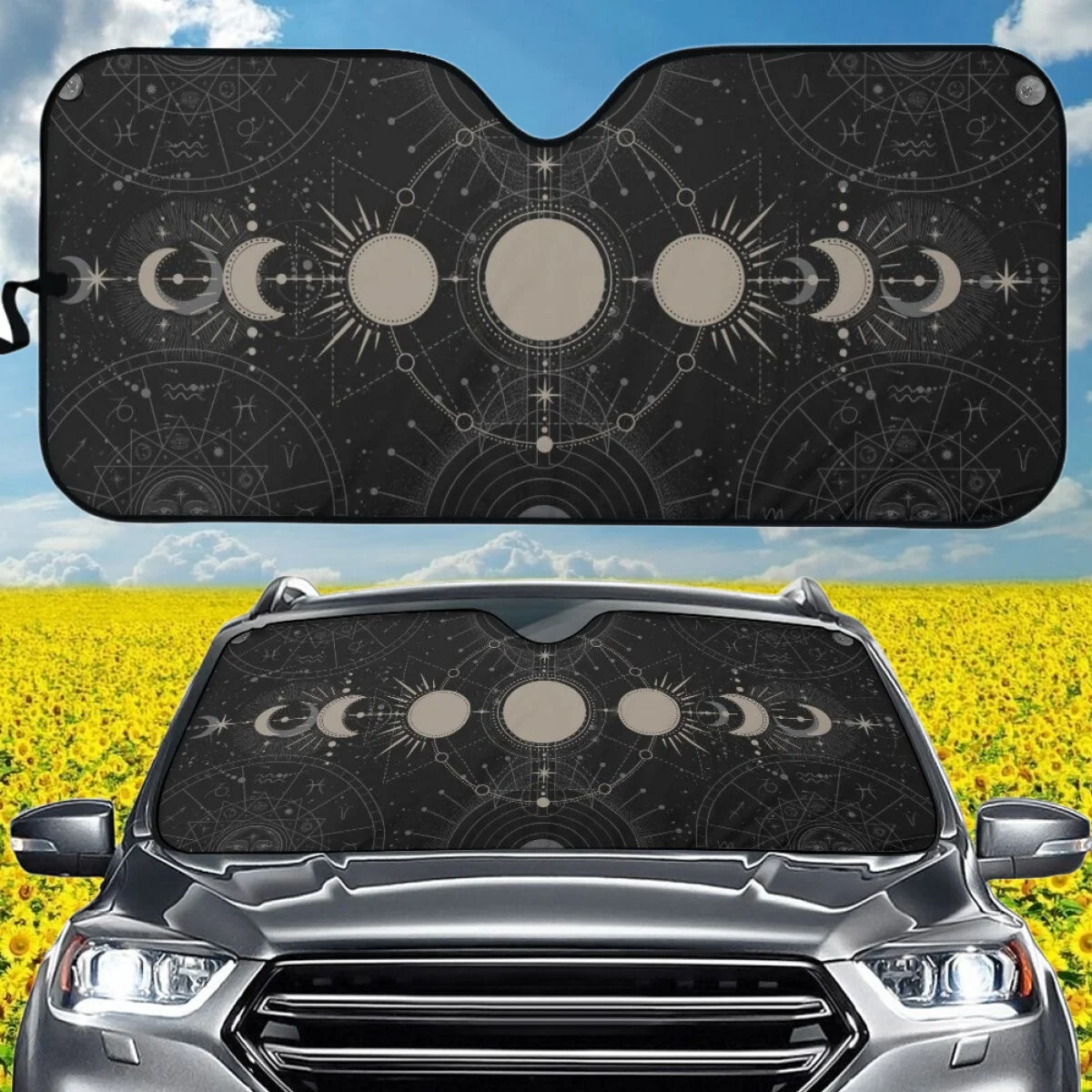 Black Moon Planet Pattern Car Sun Shade High Quality Foldable Window Cover Easy to Clean Install Dirt Resistant Car Accessories