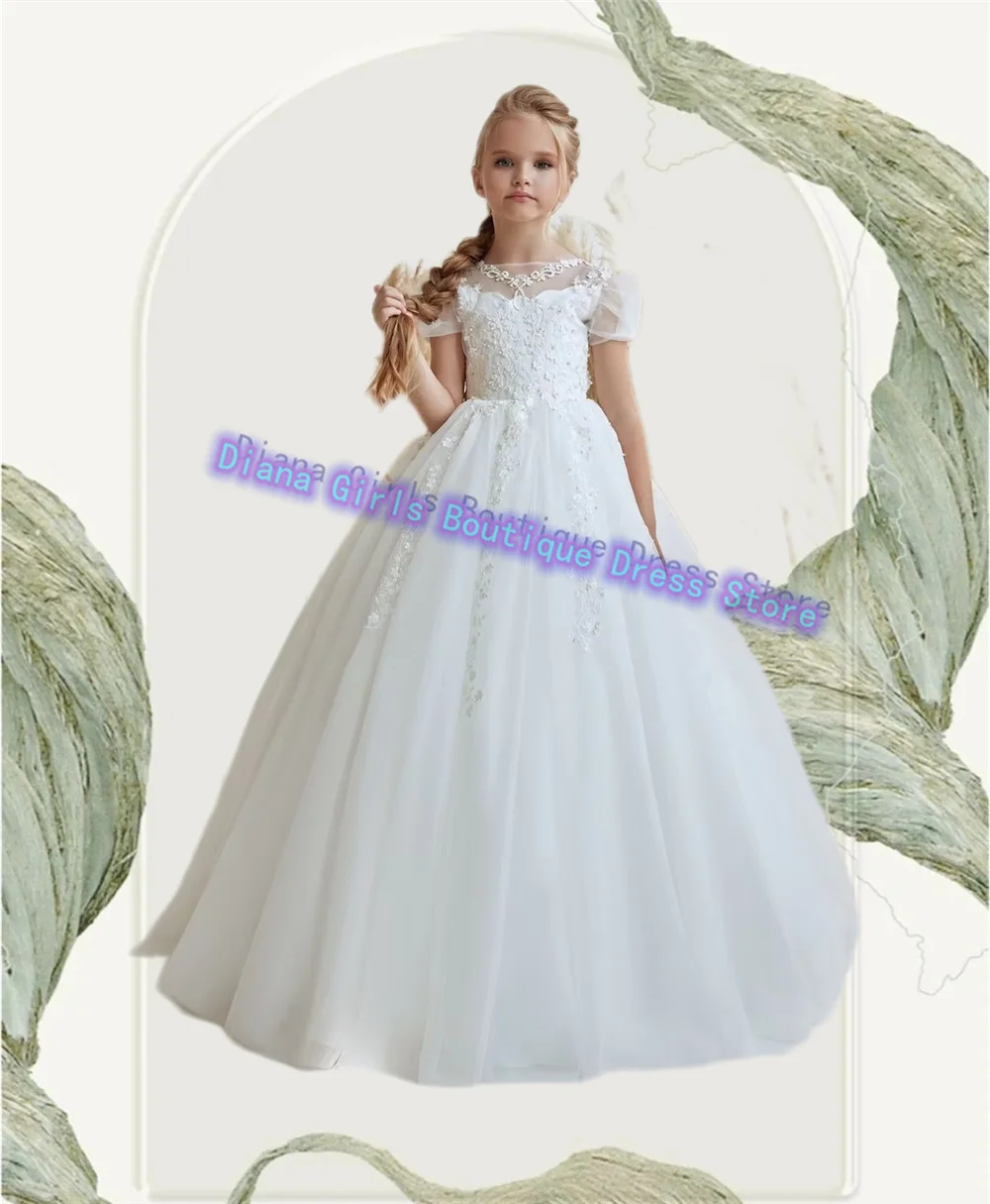 

Elegant White Flower Girl Dress Tulle Fluffy Little Princess Wedding Ball Gown For Kids Birthday Party First Communion Dresses