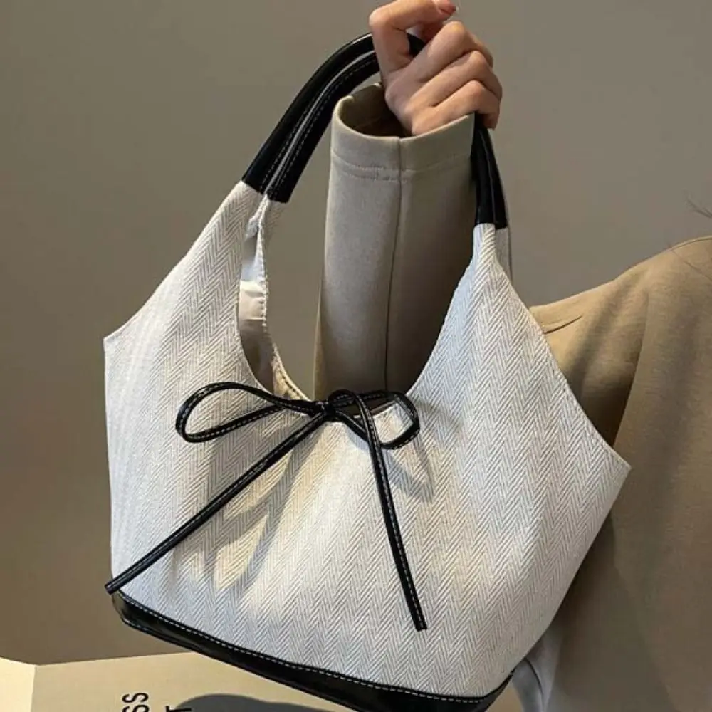 

Versatile Korean Style Canvas Tote Bag Handbag Pu Leather Cloth Bow Shoulder Bag Underarm Bag Bucket Bag Women