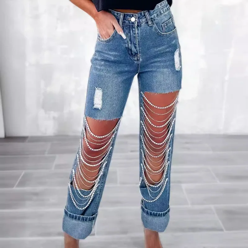 Women's Vintage Hollow Hole Chain Straight Jeans, High Waist, Loose Denim Long Pants, Summer Casual Streetwear, 90s Trousers