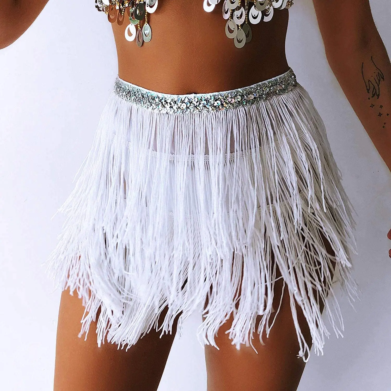 Sequin Tassel Tutu Skirt Sexy Women Rave Fringe Belly Dance Hip Scarf Wrap Skirt Club Mini Skirt Club Party Clothing Stage Show