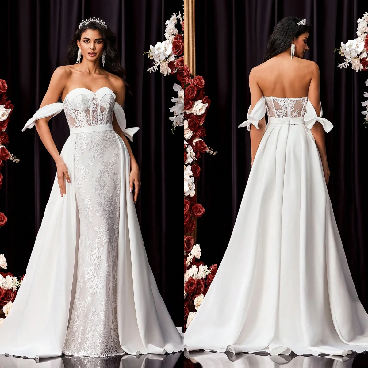 

Custom white Luxury Off Shoulder Bow Detachable Train Mermaid Wedding Dress 2026 Lace Bridal Gown Plus Size Vestido De Novia