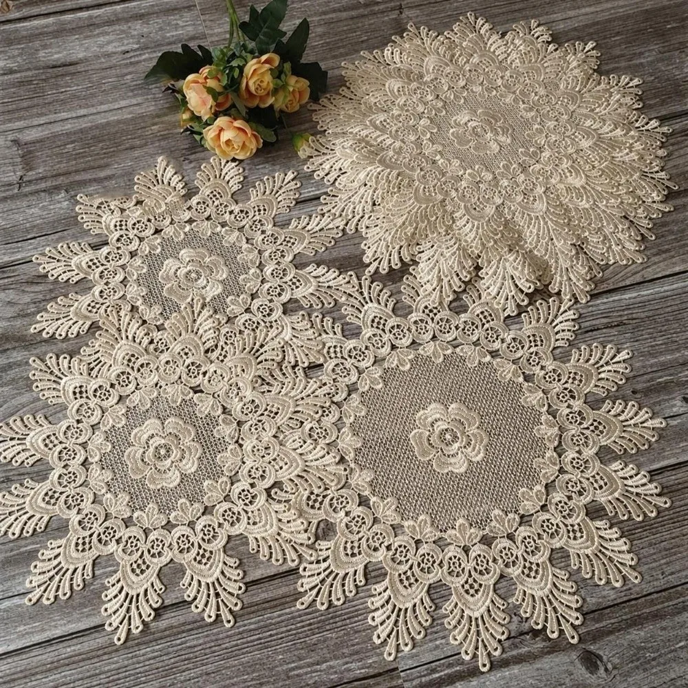 2pcs Retro Embroidered Lace Table Cloth Round Tea Pad Mat Beige Crochet Lace Doily Hollow Out Coffee Coaster Napkin Home Decor
