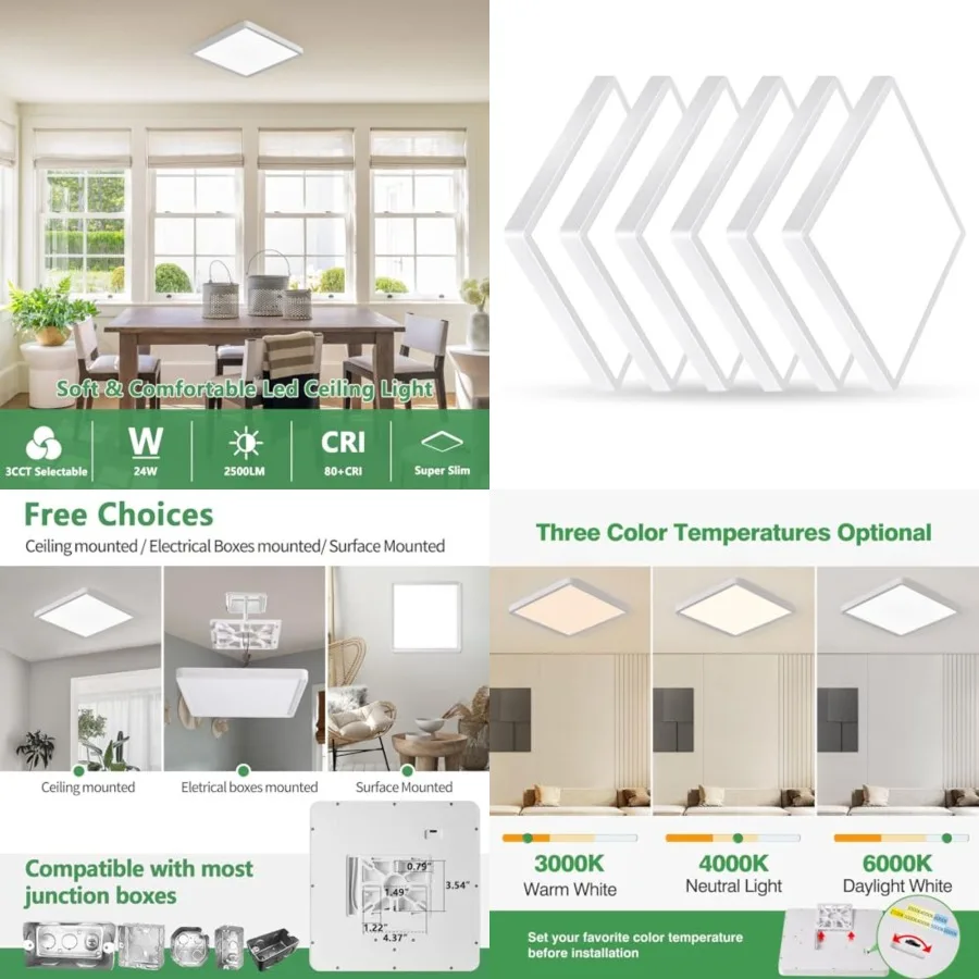 

12 Inch 6PK Square LED Flush Mount Ceiling Light, 24W, 2500LM, 3000K/4000K/6000K CCT Selectable, LED Flat Panel Low Profile Cei