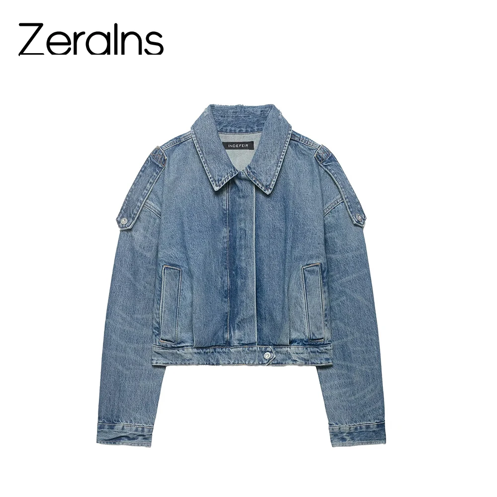 

ZERAINS Summer new women's clothing simple casual lapel long sleeved tripband decoration short denim jacket jacket