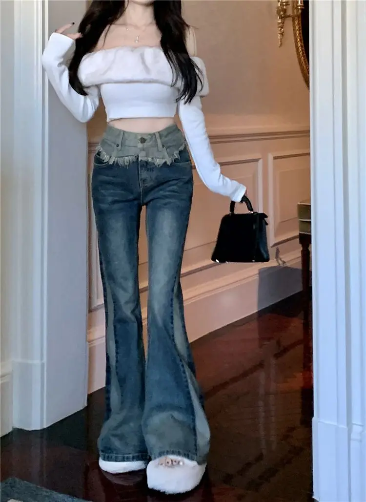 High-Waisted Retro Spliced ​​High-Sided Jeans Women Summer Slimming New Color-Blocking Casual Flared Trousers