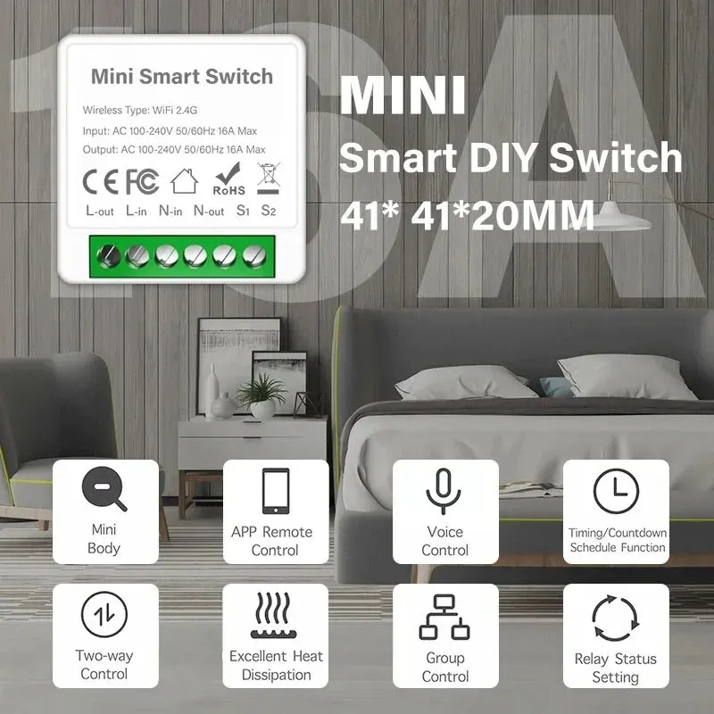 16A Mini Smart Switch Graffiti WIFI+Bluetooth Dual Mode Circuit Breaker with Smart Voice App Control Switch