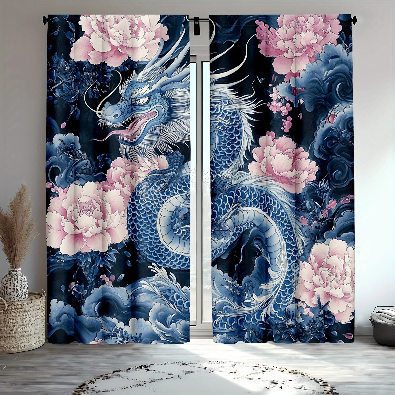 

2 шт. японские шторы с драконом и цветами, оконные шторы с древними мифическими существами