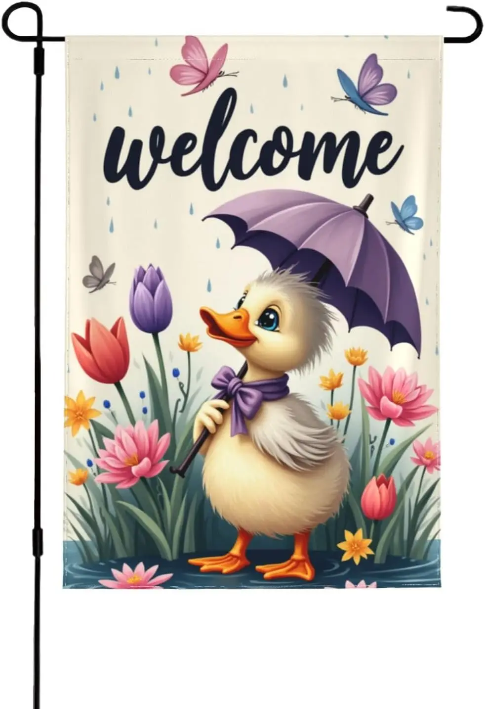 Welcome Spring Duckling Garden Flag 12X18 Inch Double Sided Outdoor Yard Lawn Patio Decor Cute Duck with Umbrella Flowers Se ZZM