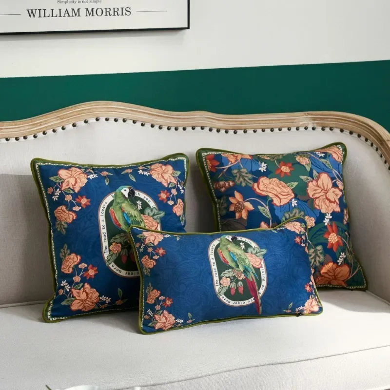Parrot Print Cushion Case, Flora Bird Pillows, Luxury Velvet, Decorative Pillow Cover for Sofa Chair, Modern Living Room, Home D