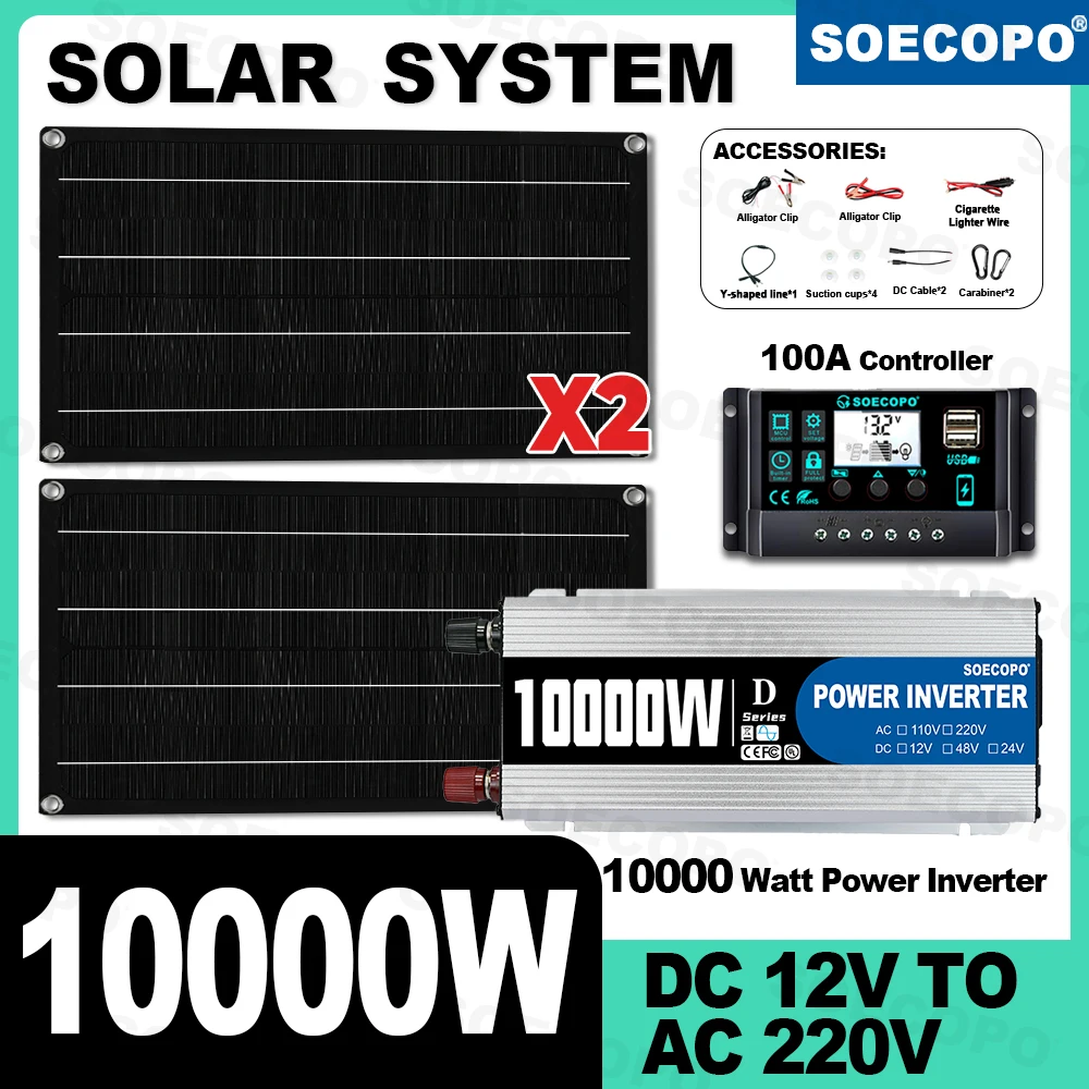 

SOECOPO 10000W Solar System Kit DC 12V - AC 110V/220V Inverter 2*800w Solar Panel 100A Controller Camping USB 5V/1.5A